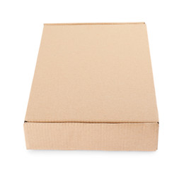 Closed cardboard box on white background. Mockup for design