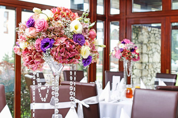 Wedding floral arrangement with peonies, hortensia, chrysanthemums and eustoma. flowers.