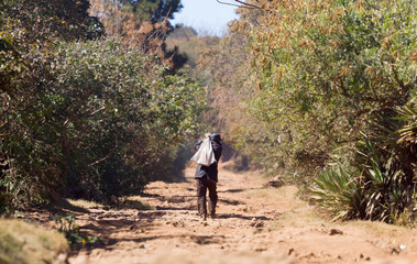 Obraz premium Old man walking on a bad road on Madagascar