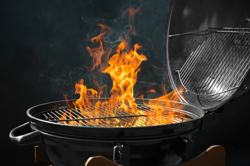 Modern barbecue grill with burning fire on dark background © New Africa