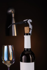 Subject shot of a steel portable travel-size corkscrew with a black plastic handle. The bottle...