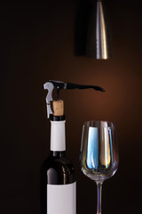 Subject shot of a steel portable travel-size corkscrew with a black handle. The bottle opener is...
