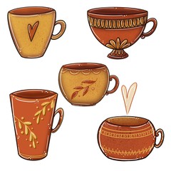 cups of coffee illustrations on white background. Autumn and winter mood. Home decorations isolated on white background. Scandinavian style
