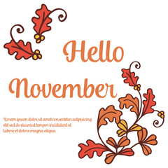 Design element of card hello november, with sketch autumn leaves frame. Vector