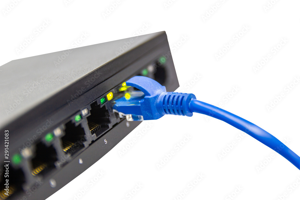 Poster black switch 8 port gigabit isolated white background device connect network and internet