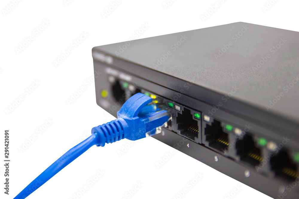 Poster black switch 8 port gigabit isolated white background device connect network and internet