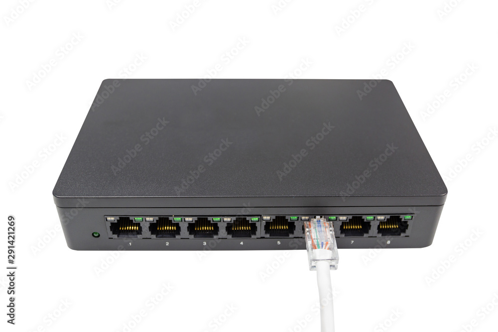 Poster black switch 8 port gigabit isolated white background device connect network and internet, clipping 