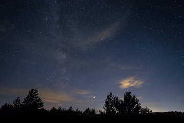 night forest landscape, forest silhouette under a night starry sky with clouds and milky way