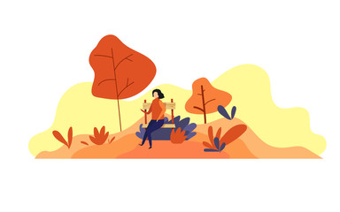 Obraz na płótnie Canvas A girl sits on a bench in an autumn park. Trend colors. Vector illustration in cartoon flat style on a white background. 