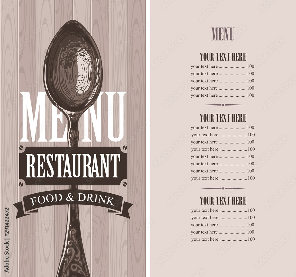 Poster vector template menu for restaurant with price list and realistic spoon on wooden background in retr