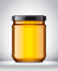 Glass Jar with Honey on Background. 
