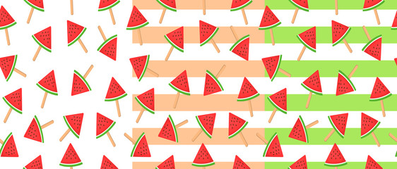 Cute collection of seamless patterns with watermelons. Vector.