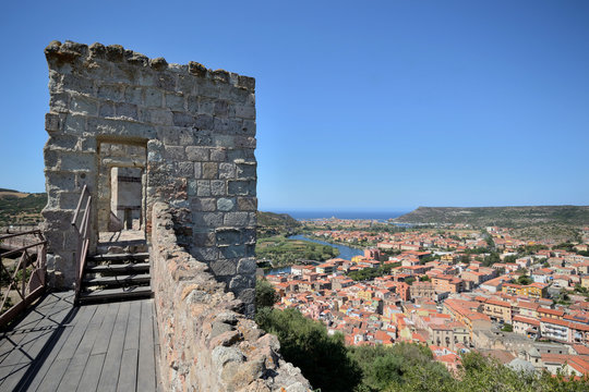  ancient tower of the Malaspina Castle, Castello di Serravalle, on the hill overlooking the city of Bosa in northern Sardinia