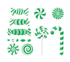 Vector set of green candies. Caramel, Lollipop, Lollipop, striped candy on white