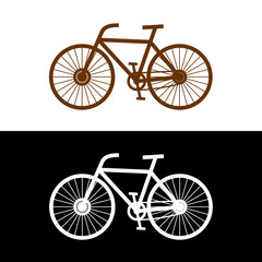 Bicycle silhouette with pedals, chain and spokes. Simple lines bicycle icon. Side view.
