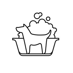 Dog wash icon. Line style silhouette of a dog in a washing bath with foam.