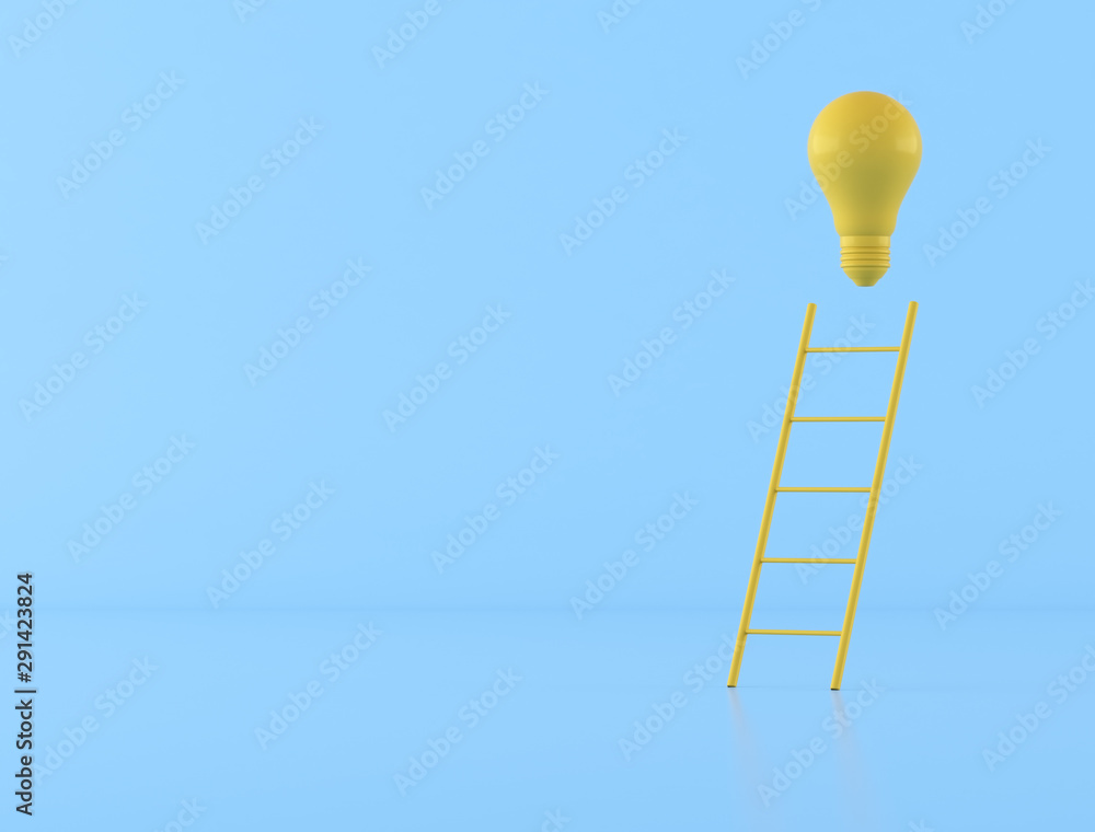 Poster mock up of yellow ladder with light bulb on blue background, climb up to knowledge concept,minimal d