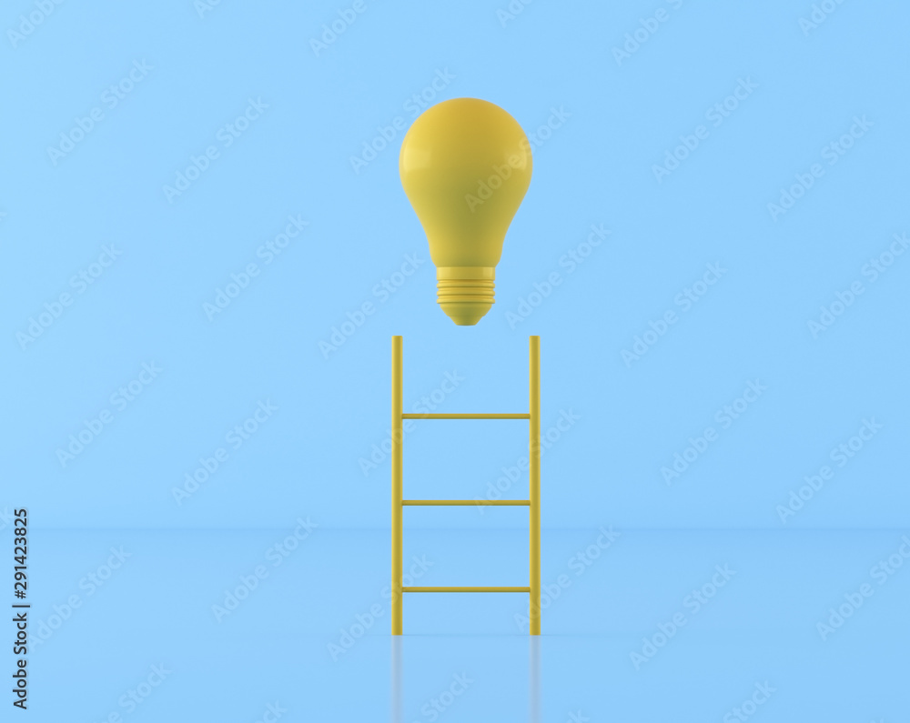 Poster Mock up of yellow ladder with light bulb on blue background, climb up to knowledge concept,minimal design, 3D rendering 