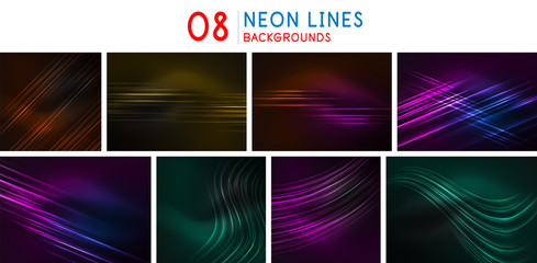 Set of glowing straight neon lines flowing backgrounds, flow abstract banners, motion technology dynamic design. Futuristic energy magic flashes