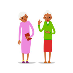 Two old african women, design for any purposes. Senior couple smiling. Retirement age. Happy attractive lifestyle. Female symbol. Cartoon illustration isolated on white background in flat style