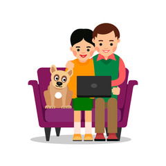 Couple with laptop and dog. Young man and woman are sitting on couch and watching news on internet. Puppy nearby and also looks at the device. Illustration isolated in flat style on white background