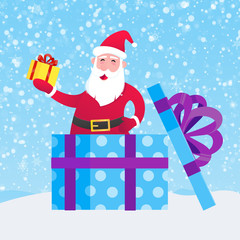 Santa Claus in the gift box holding gift present standing up with falling snow flat style design vector illustration. Merry christmas and happy new year symbols.