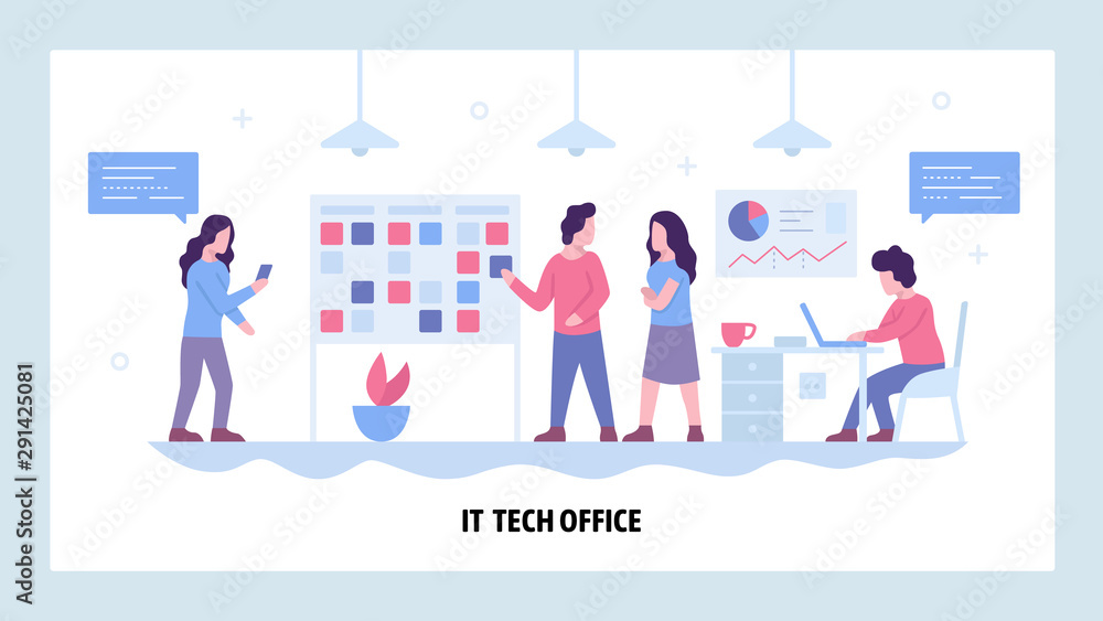 Aufkleber vector web site design template. software development company office with scrum board. agile develop