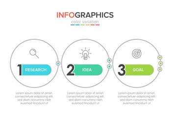 Concept of arrow business model with 3 successive steps. Three colorful rectangular elements. Timeline design for brochure, presentation. Infographic design layout.