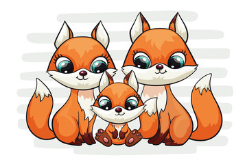 Fox baby with mom and dad cute print. Sweet tiny family. Cool friends animal on striped background