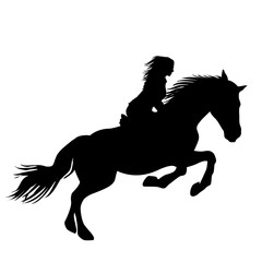 A silhouette of a girl rider on a horse jumping