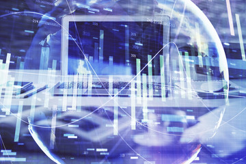 Multi exposure of business theme icons and table with computer background. Concept of success.