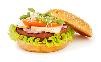 Opened vegan sandwich on white background