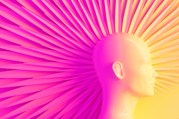Profile of a female head with a stylized Iroquois of petals in ultraviolet blue and pink light. 3D illustration