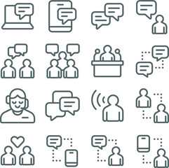 Communication Vector Line Icon Set. Contains such Icons as Message, Public Speaker, Chat, Customer Support, Listener and more. Expanded Stroke