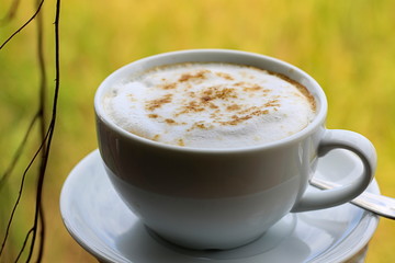 Hot mocha coffee in the morning in a white glass