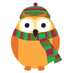 Cute owl wearing a knitted warm hat, and a scarf. Vector flat illustration isolated on the white background
