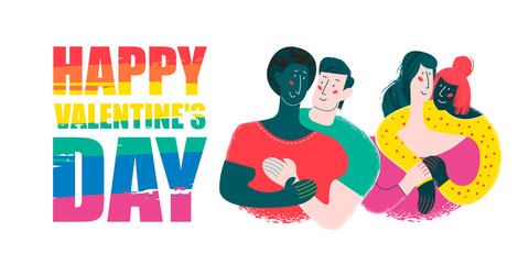 Happy Valentine's day. Vector illustration, poster. A lesbian and gay couple in love.