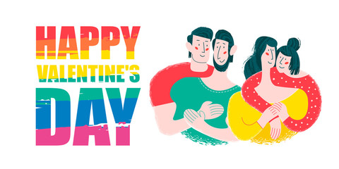 Fototapeta premium Happy Valentine's day. Vector greeting card with two gay and lesbian couples.