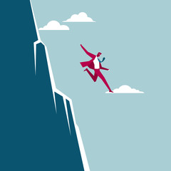 Businessman jumps off the cliff. Isolated on blue background.