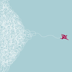 Businessman runs away from the chaotic line. Isolated on blue background.