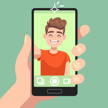 Man taking selfie photo on smartphone. Smiling male character making selfie photo with smartphone camera in hand flat vector concept