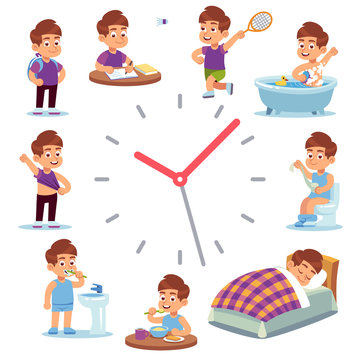 Daily routine clocks. Daily routine clocks. Schedule of happy boy life from morning breakfast at home eating school to sleep clock isolated vector watches with arrow