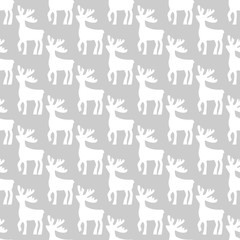 Seamless christmas Pattern of deers. Vector Background. white Deer Silhouettes on grey.