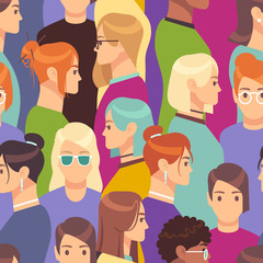 Woman seamless pattern. Female crowd from diverse ethnic groups, international womens day, feminism concept. Fashion vector wallpaper