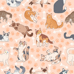 Cat pattern. Seamless texture with cute multicolor cats, kids wallpapers with funny happy pets, fabric textile vector decor