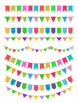 Garland with flags. Rainbow garlands, hanging colored pennants. Birthday party decoration for fest invitation poster vector set