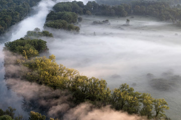 The first ray of sun discovered the foggy forest (Italy landscape)
