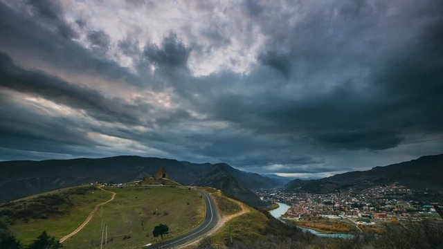 Mtskheta, Georgia. Jvari, Georgian Orthodox Monastery, World Heritage By UNESCO. Beautiful Autumn Mountain Landscape And Ancient Temple. Time Lapse Day To Night Transition
