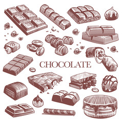 Sketch chocolate. Engraving black chocolate bars, truffle sweets and coffee beans. Vintage hand drawn isolated vector set