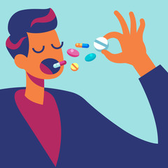Pills in mouth. Man eating many drugs. Hand with overdose of medicine. Drug addiction treatment and pharmacology vector concept